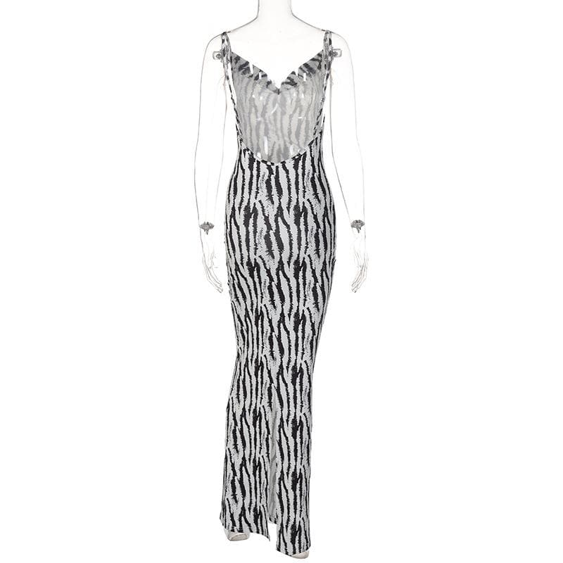 Zebra Print Cowl Neck Spaghetti Strap Backless Slit Bodycon Midi Dress