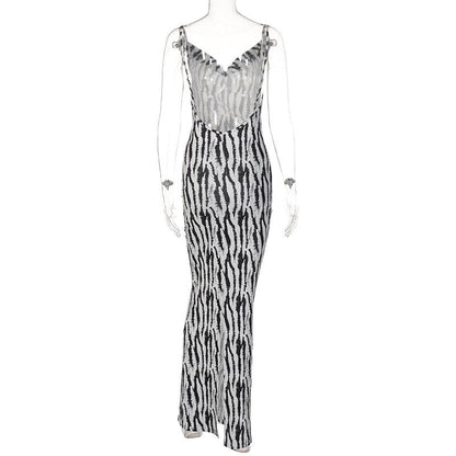 Zebra Print Cowl Neck Spaghetti Strap Backless Slit Bodycon Midi Dress