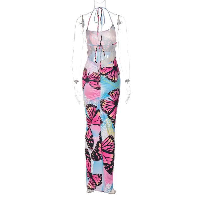Butterfly Print Ruched Backless Halter Contrast Maxi Dress