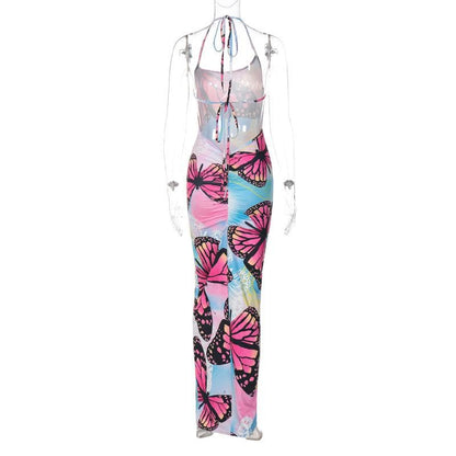 Butterfly Print Ruched Backless Halter Contrast Maxi Dress