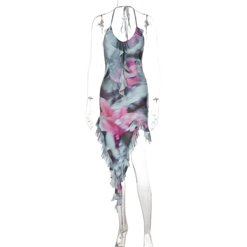 Tie-Dye Print Halter Ruffle Trim Asymmetrical Handkerchief Hem Mini Dress