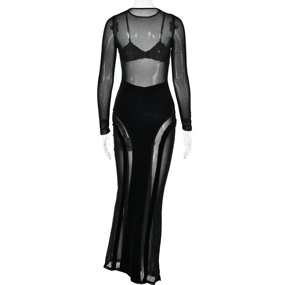 Mesh Patchwork Velvet Paneled Long Sleeve Maxi Dress