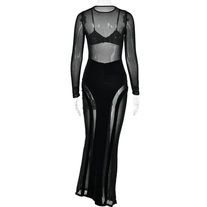 Mesh Patchwork Velvet Paneled Long Sleeve Maxi Dress