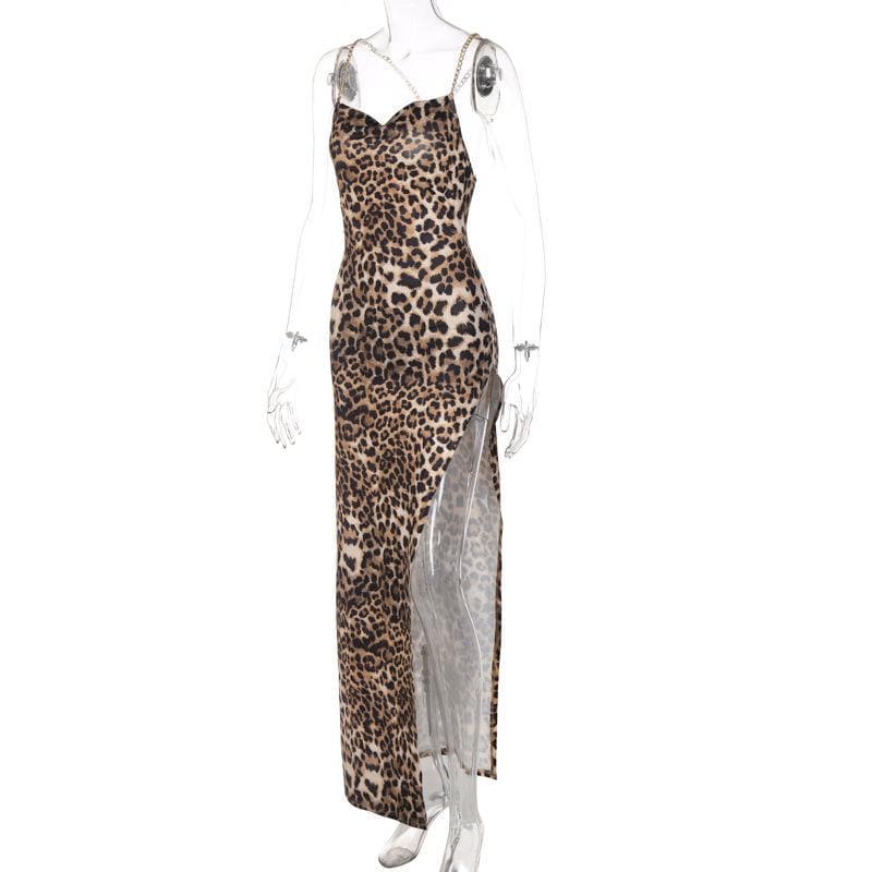 Print Chain Strap Cowl Neck High Slit Maxi Dress