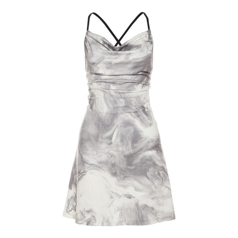 Marble Tie Dye Print Cowl Neck Spaghetti Strap Side Ruched Cami Mini Dress