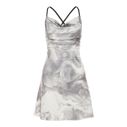 Marble Tie Dye Print Cowl Neck Spaghetti Strap Side Ruched Cami Mini Dress