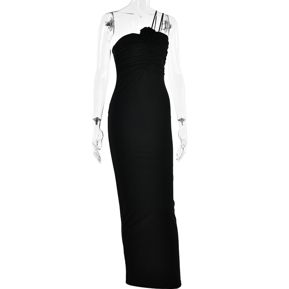 One Shoulder Flower Applique Ruched Zip Maxi Dress