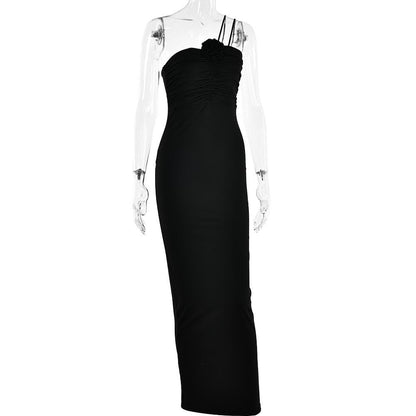 One Shoulder Flower Applique Ruched Zip Maxi Dress