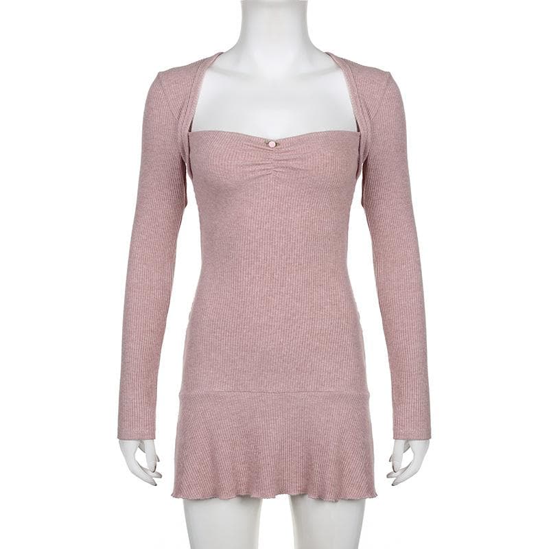 Sweetheart Neck Ribbed Knit Ruffle Shrug Long Sleeve Tube Mini Dress