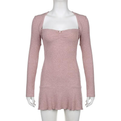 Sweetheart Neck Ribbed Knit Ruffle Shrug Long Sleeve Tube Mini Dress