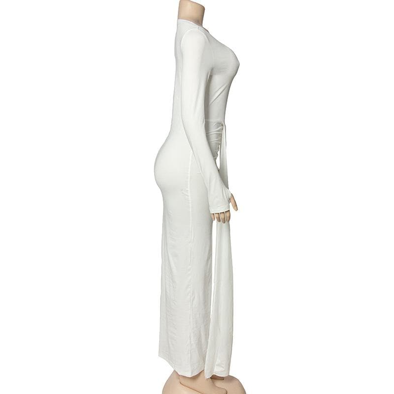 Boat Neck Long Sleeve Side Ruched Drape Panel Bodycon Maxi Dress