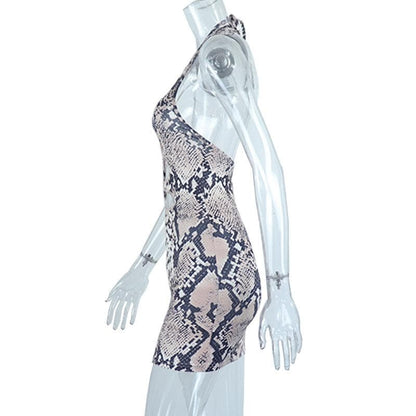 Snakeskin Print Halter Lattice Front Cutout Backless Mini Dress