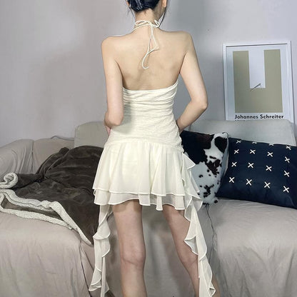 Halter Plunging Ruffle Front Ruched Tiered Asymmetric Mini Dress