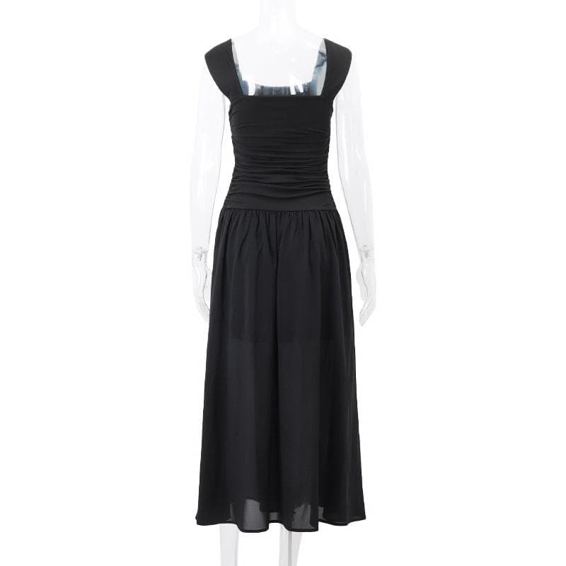 Square Neck Wide Strap Ruched Bodice Dropped Waist Gathered Maxi Dress