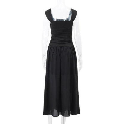 Square Neck Wide Strap Ruched Bodice Dropped Waist Gathered Maxi Dress