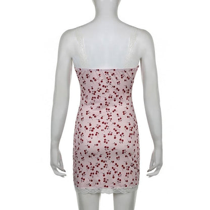 Sweetheart Lace Trim Print Bow Strap Bodycon Mini Dress