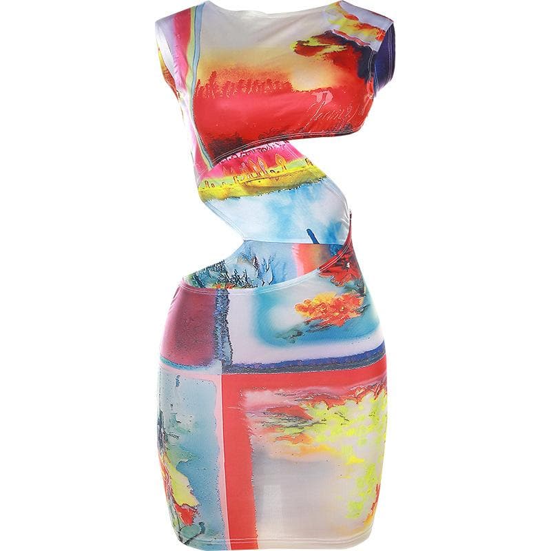 Abstract Landscape Print Cap Sleeve Waist Cutout Bodycon Mini Dress