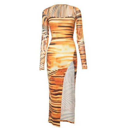 Tiger Print Spaghetti Strap Thigh Slit Bodycon Maxi Dress with Long Sleeve Shrug