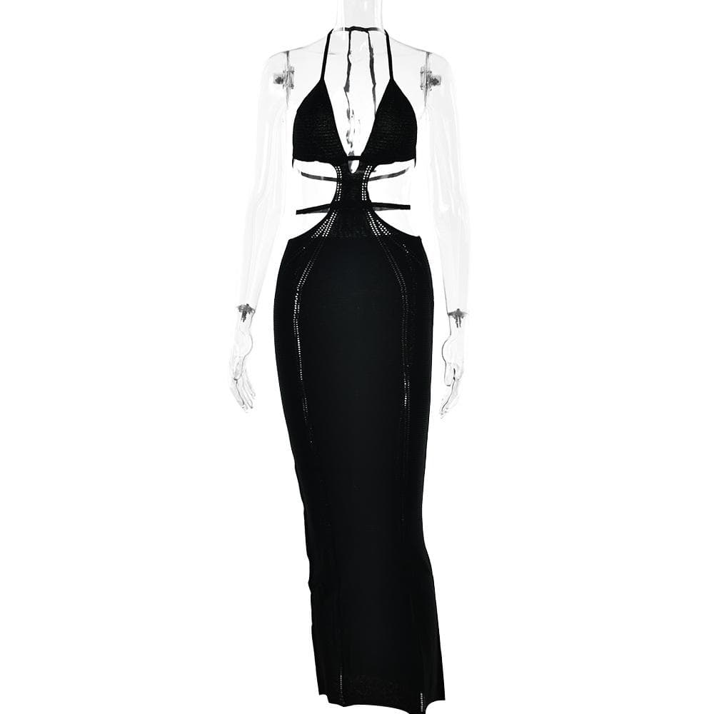 Halter V-Neck Side Cutout Knit Panel Bodycon Maxi Dress