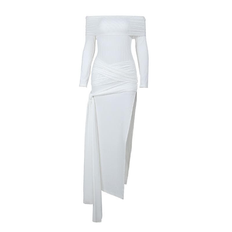 Off-Shoulder Cross Front Self-Tie High Slit Maxi Dress