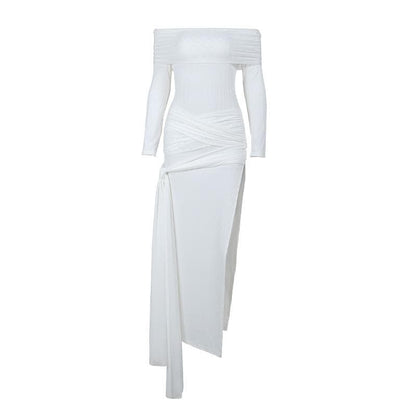 Off-Shoulder Cross Front Self-Tie High Slit Maxi Dress