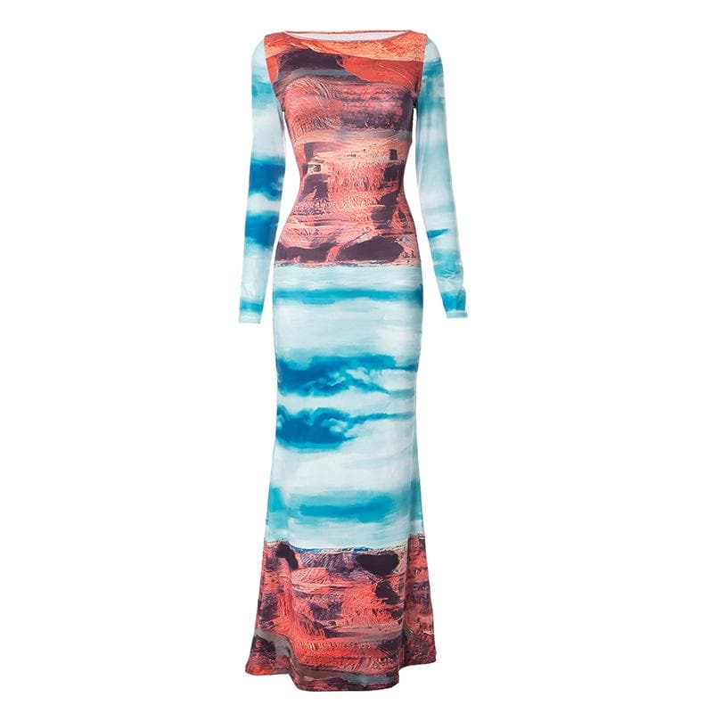 Boat Neck Canyon Landscape Graphic Long Sleeve Bodycon Maxi Dress