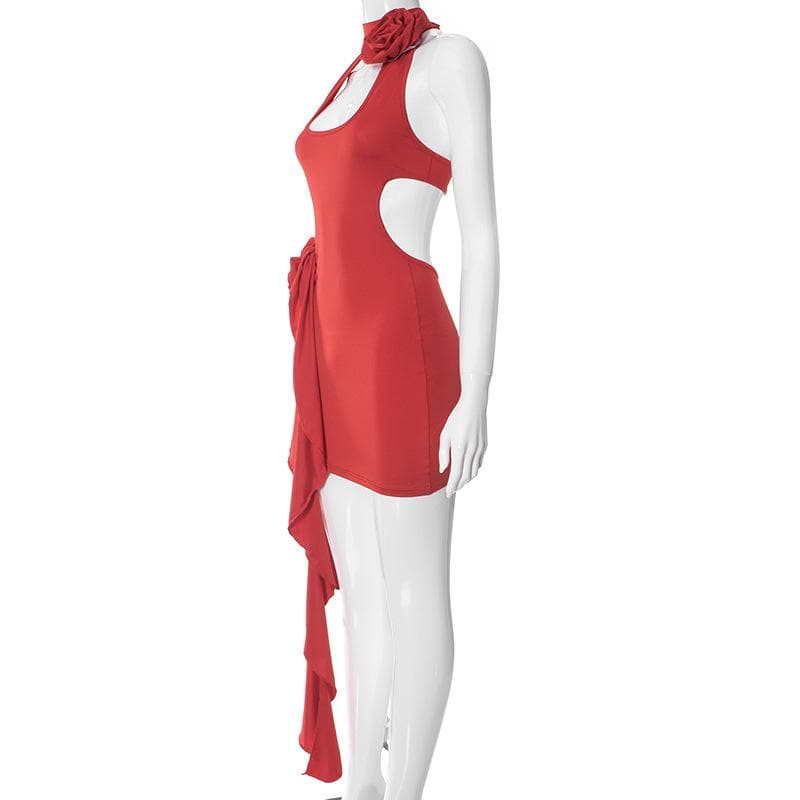 Halter Keyhole Neck Rosette Applique Cascading Ruffle Side Mini Dress