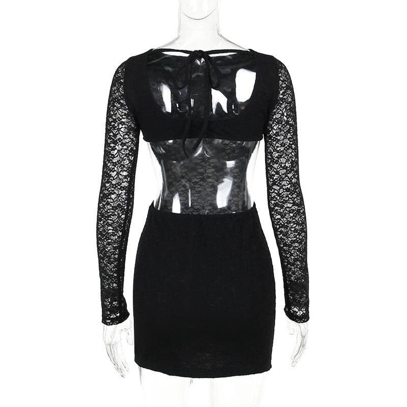 Boat Neck Floral Lace Long Sleeve Sheer Midriff Bodycon Mini Dress