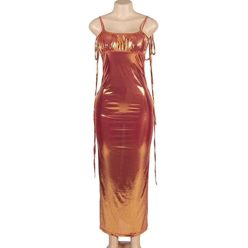 Metallic Tie Shoulder Deep V Back Ruched Bodycon Maxi Dress