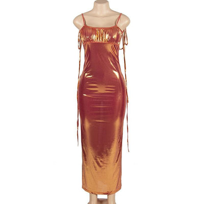 Metallic Tie Shoulder Deep V Back Ruched Bodycon Maxi Dress