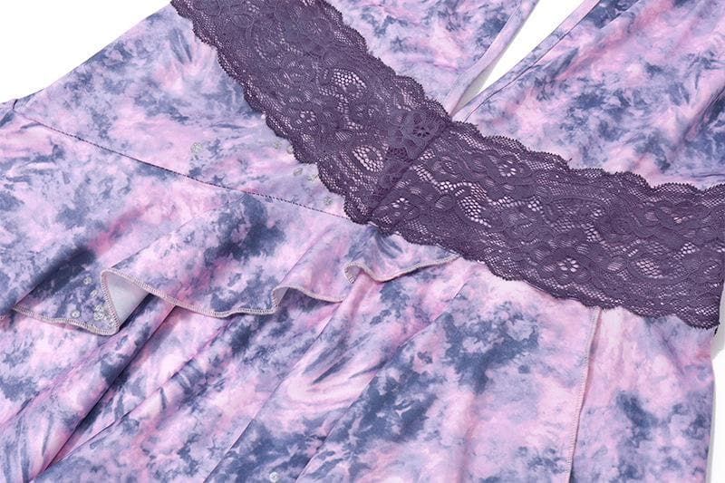 Halter Deep V Neck Lace Waist Ruffle Skirt Tie Dye Mini Dress