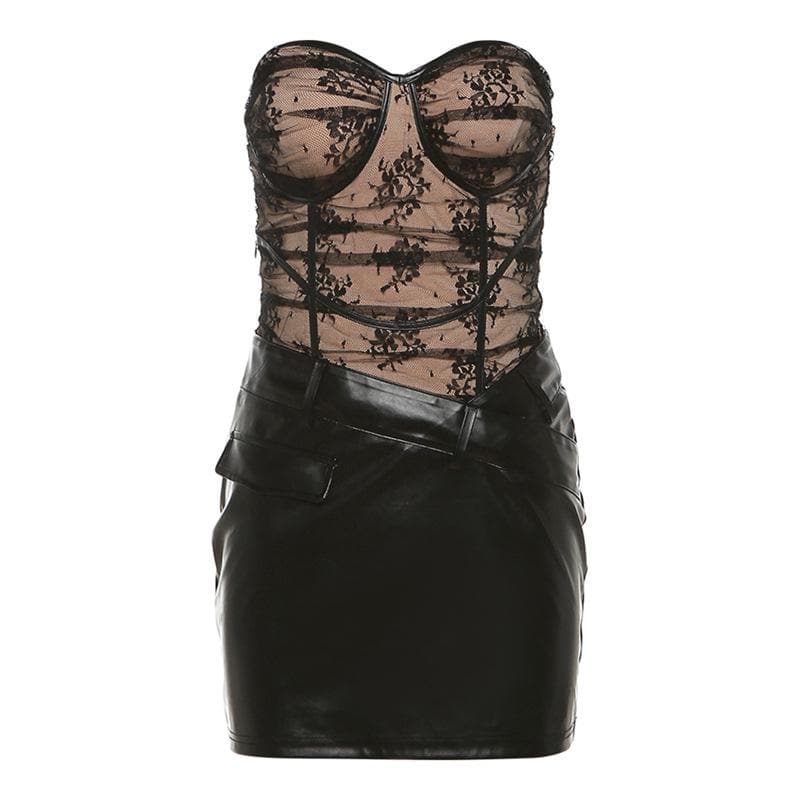 Floral Lace Corset Bustier PU Leather Crossover Pocket Bodycon Mini Dress