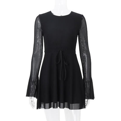 Tie Back Mesh Long Sleeve Bell Cuff Flared Overlay Bodycon Mini Dress