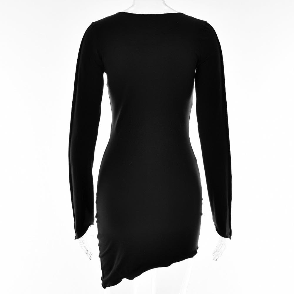 Crew Neck Exposed Wavy Seam Raw Edge Asymmetrical Hem Bodycon Mini Dress