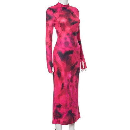 Tie Dye Print Mock Neck Thumbhole Long Sleeve Bodycon Maxi Dress