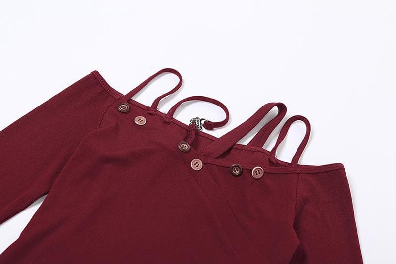Chain Button Off-Shoulder Mesh Ruffle Tiered Mini Dress