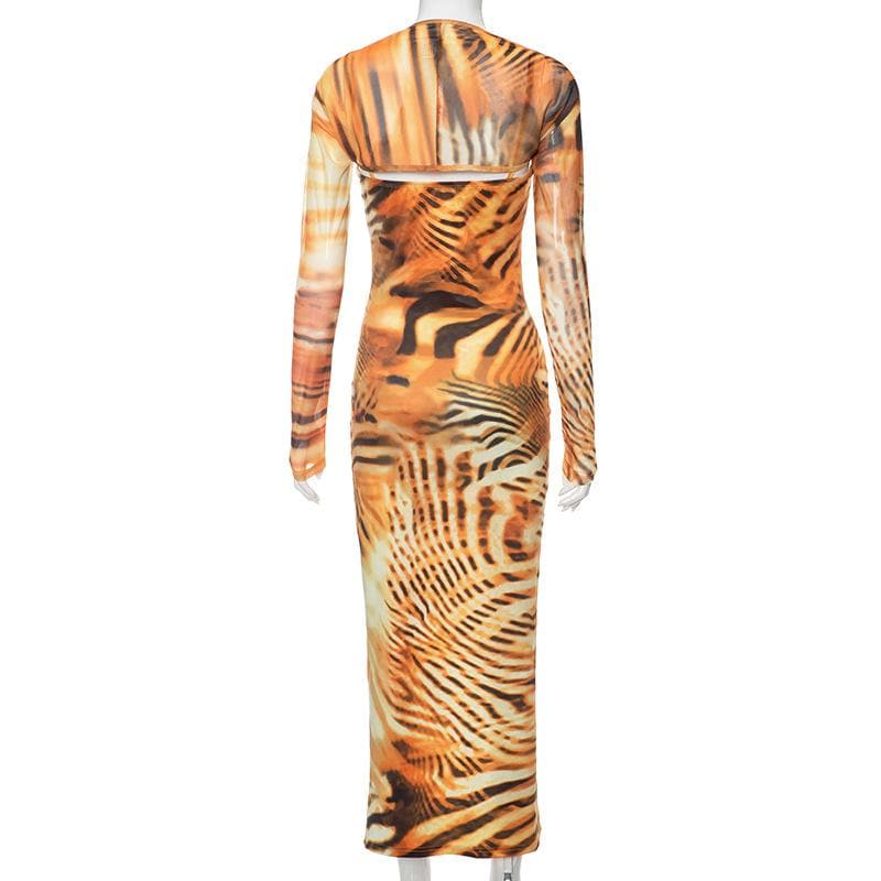 Tiger Print Spaghetti Strap Thigh Slit Bodycon Maxi Dress with Long Sleeve Shrug