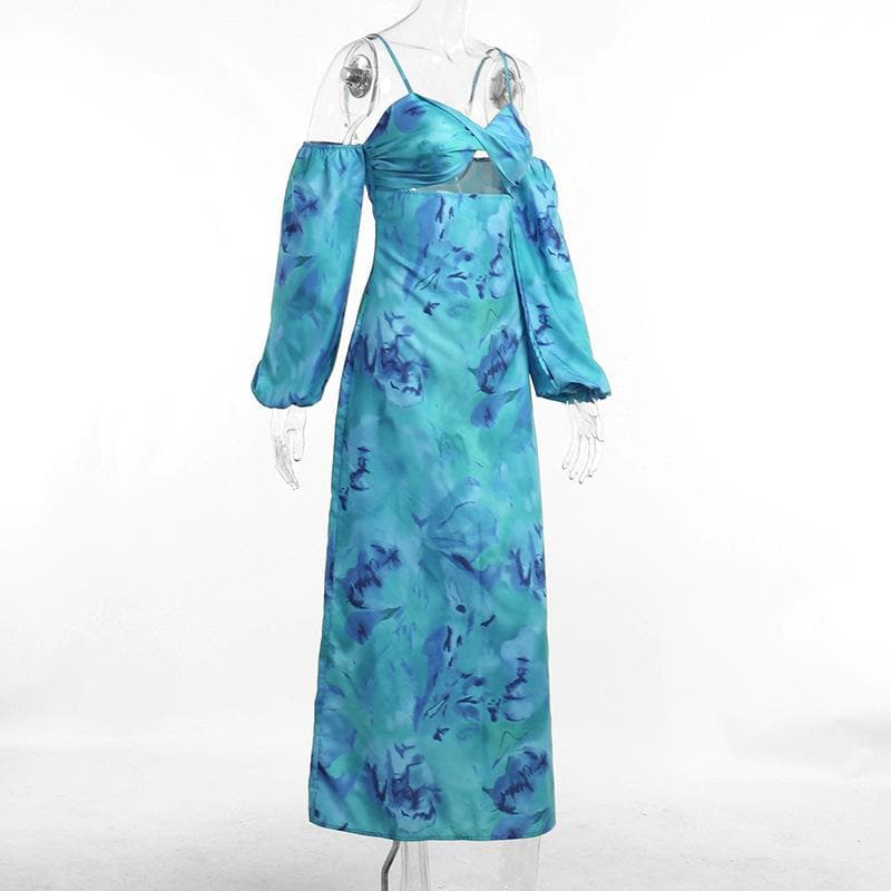 Spaghetti Strap Twist Knot Midriff Cutout Floral Print Puff Sleeve Maxi Dress