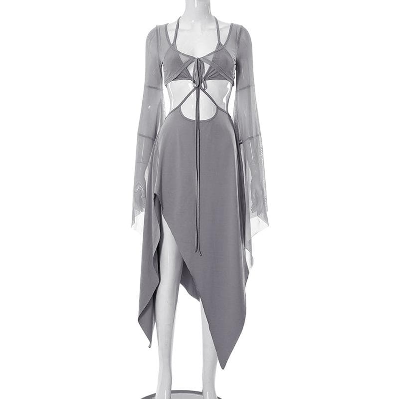 Halter Keyhole Self Tie Bell Sleeve Shrug Cutout Side Slit Handkerchief Hem Midi Dress