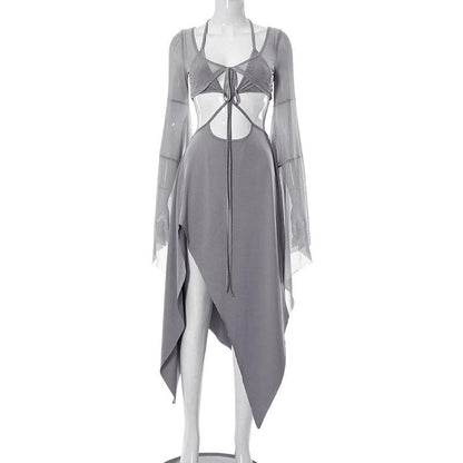 Halter Keyhole Self Tie Bell Sleeve Shrug Cutout Side Slit Handkerchief Hem Midi Dress