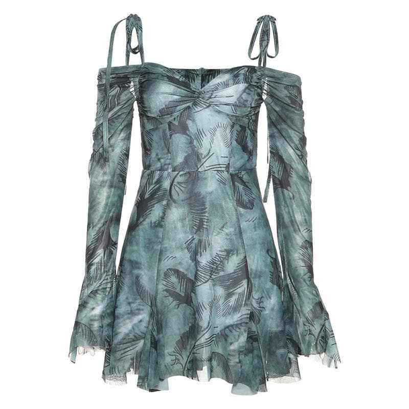 Cold Shoulder Halter Neck Tie Dye Ruched Sweetheart Babydoll Mini Dress