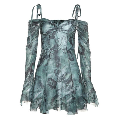 Cold Shoulder Halter Neck Tie Dye Ruched Sweetheart Babydoll Mini Dress