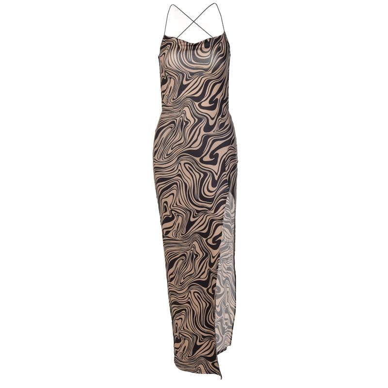 Marble Print Spaghetti Strap Cowl Neck Slit Midi Dress