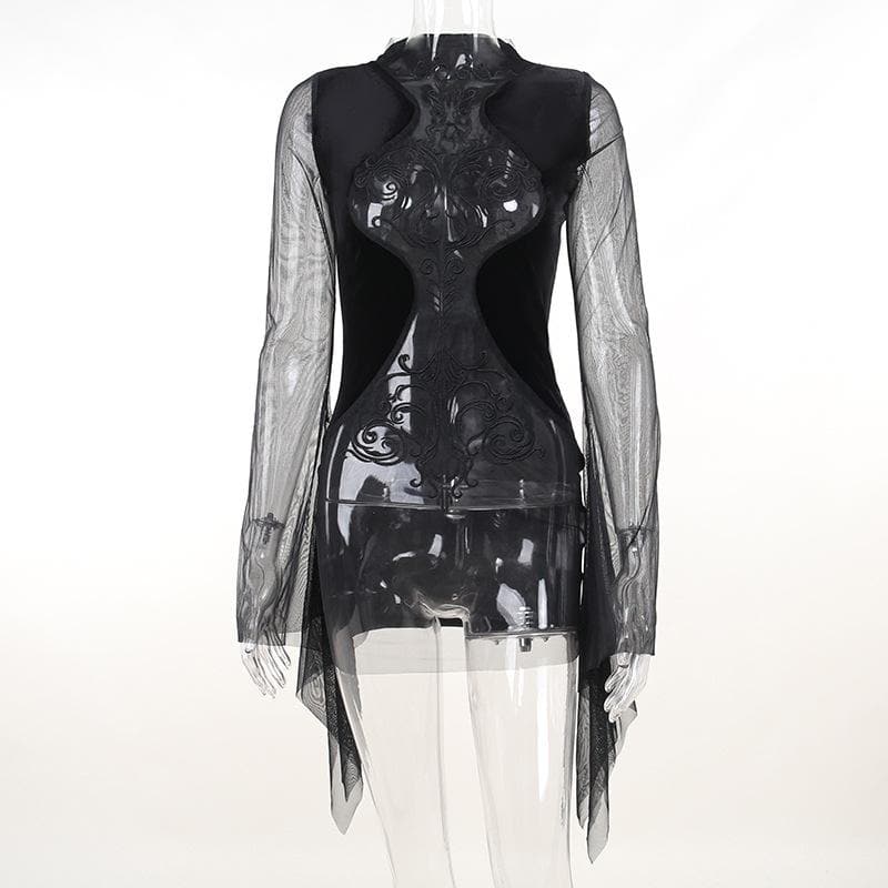 Velvet Flocked Mesh Mock Neck Bell Sleeve Gothic Mini Dress