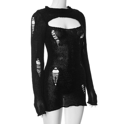 Distressed Rip Hollow Out Crew Neck Long Sleeve Crochet Mini Dress