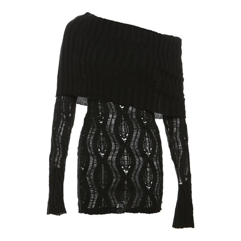 Off Shoulder Ribbed Collar Distressed Open Knit Long Sleeve Mini Dress