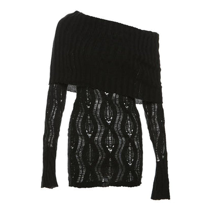 Off Shoulder Ribbed Collar Distressed Open Knit Long Sleeve Mini Dress