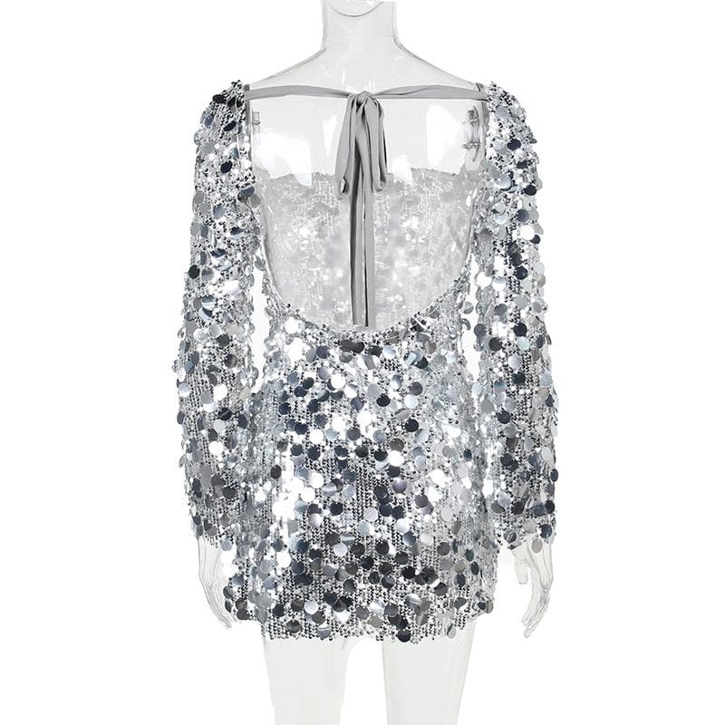 Large Sequin Paillette Square Neck Long Sleeve Mini Dress