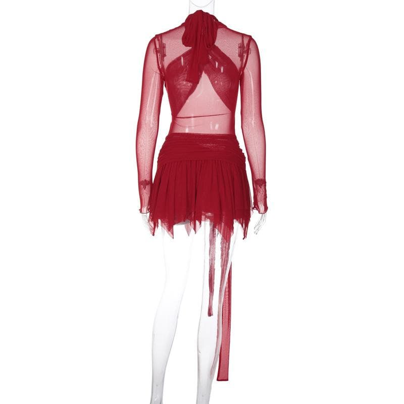 Sheer Mesh Wrap Halter Cutout Long Sleeve Pleated Tie Waist Mini Skirt Set