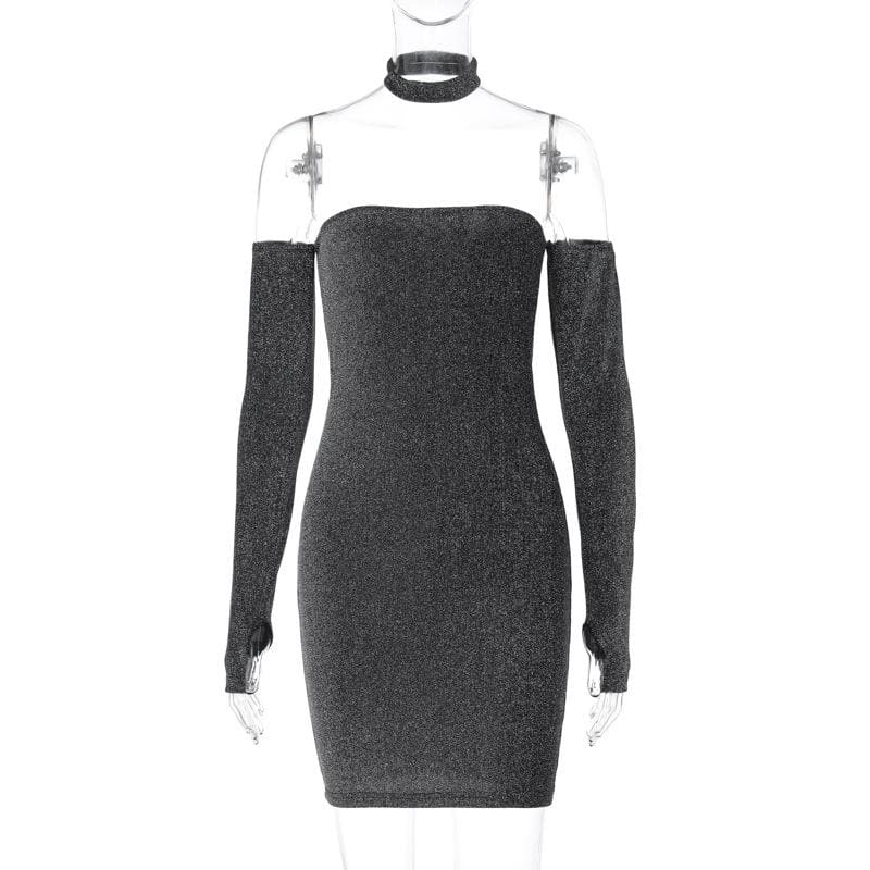 Strapless Glitter Tube Detached Sleeve Thumbhole Choker Mini Dress Set